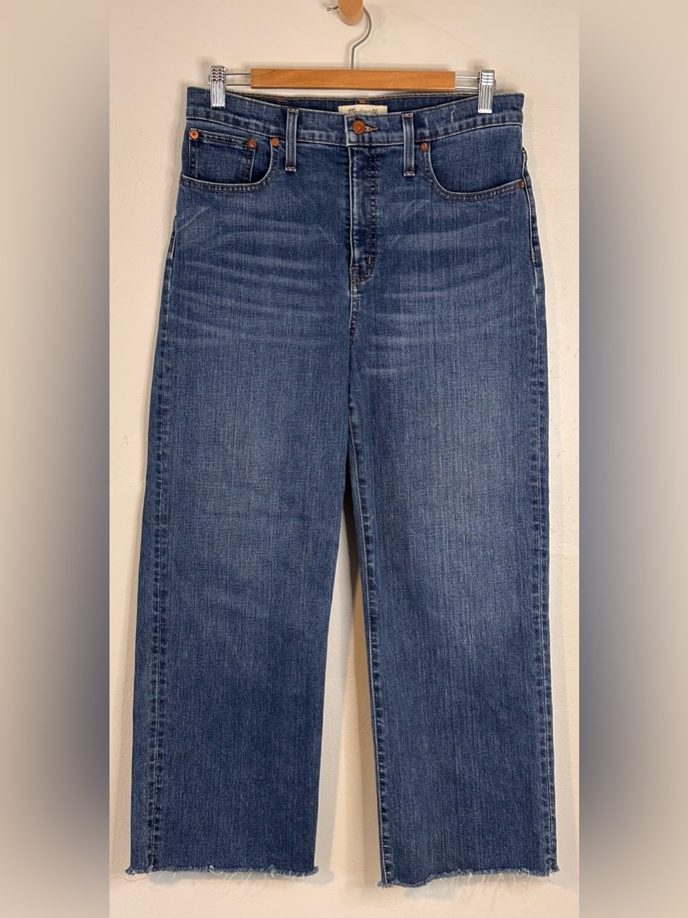 Madewell Slim Wide-Leg Crop Jeans Medium Blue Wash Frayed Hem Size 29 - Picture 3 of 13